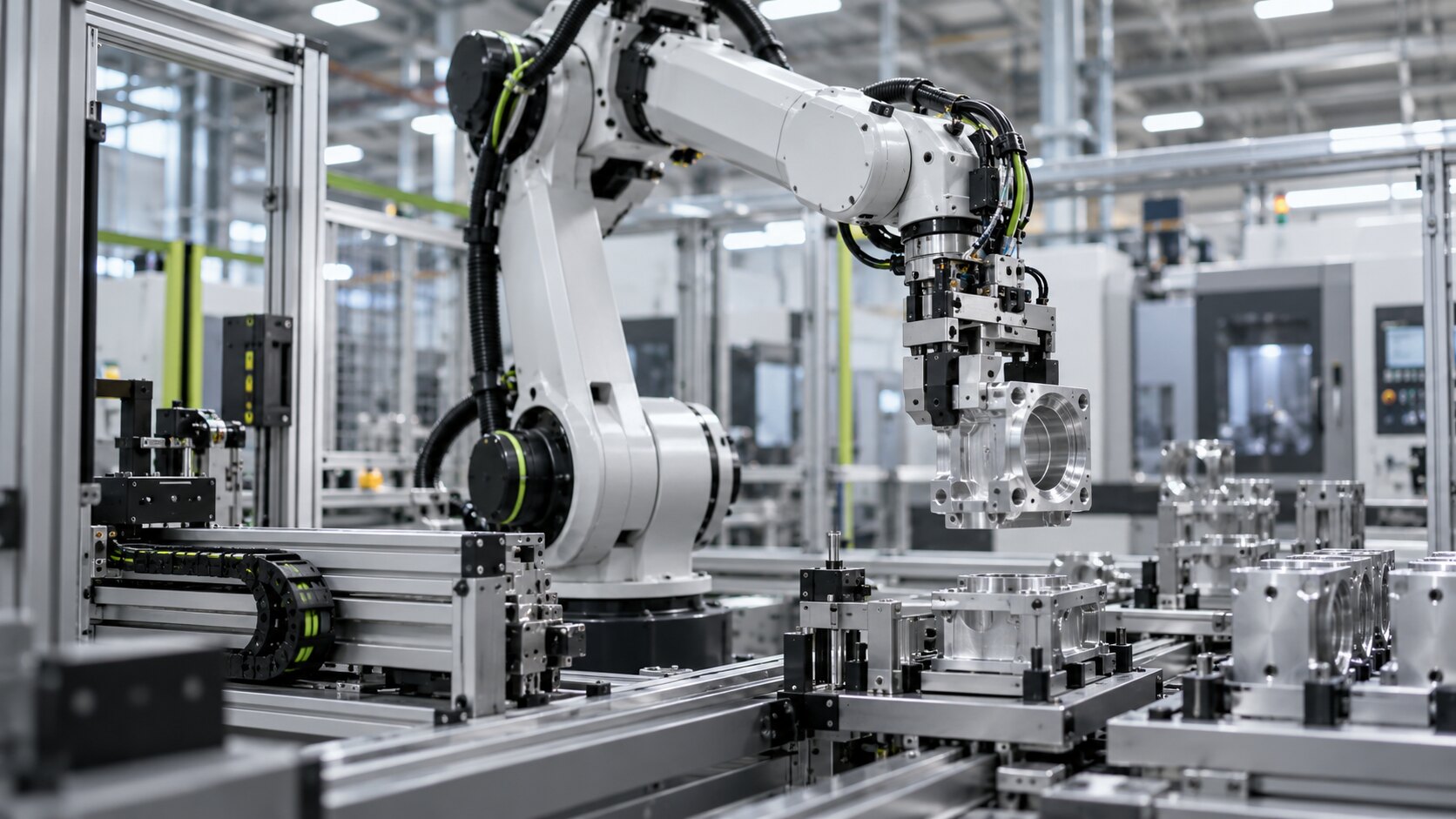 KI-generiertes Symbolbild einer automatisierten Industrieanlage mit bearbeiteten Aluminiumkomponenten
