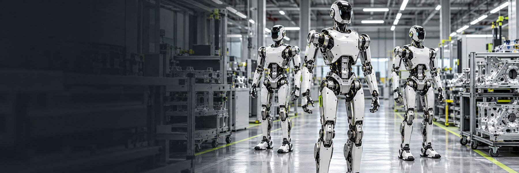 KI-generiertes Symbolbild einer Produktionslinie für humanoide Roboter mit Aluminiumkomponenten