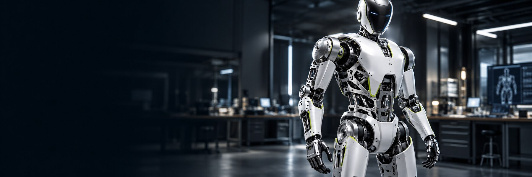 Deutlich erkennbarer humanoider Roboter mit sichtbaren Aluminiumkomponenten